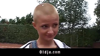 Blue short haired student sucking grandpa dick