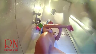 Voyeur camera in the shower Young vacant unladylike rubs her body with massage oil