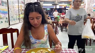 Katty eats lunch in an Asian cafe devoid of panties and flashing pussy in public