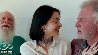 Young brunette has triplet relating to old men and she swallows cum