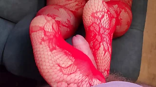 Footjob by BBW Milf in Overheated Lace Stockings and Knavish Panties